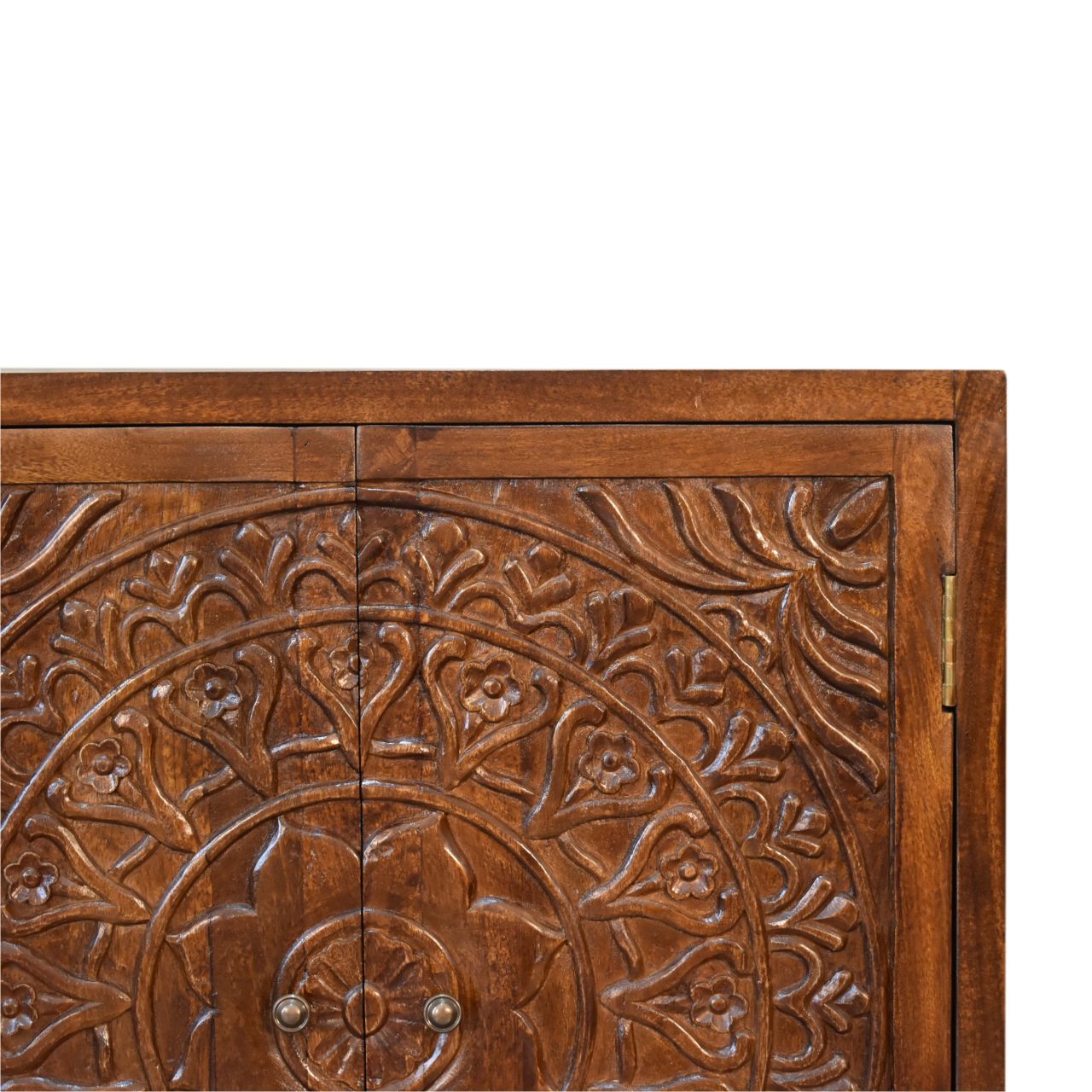 Tova Carved 2 Door Cabinet Chestnut Finish over Solid Mango Wood - CasaFenix