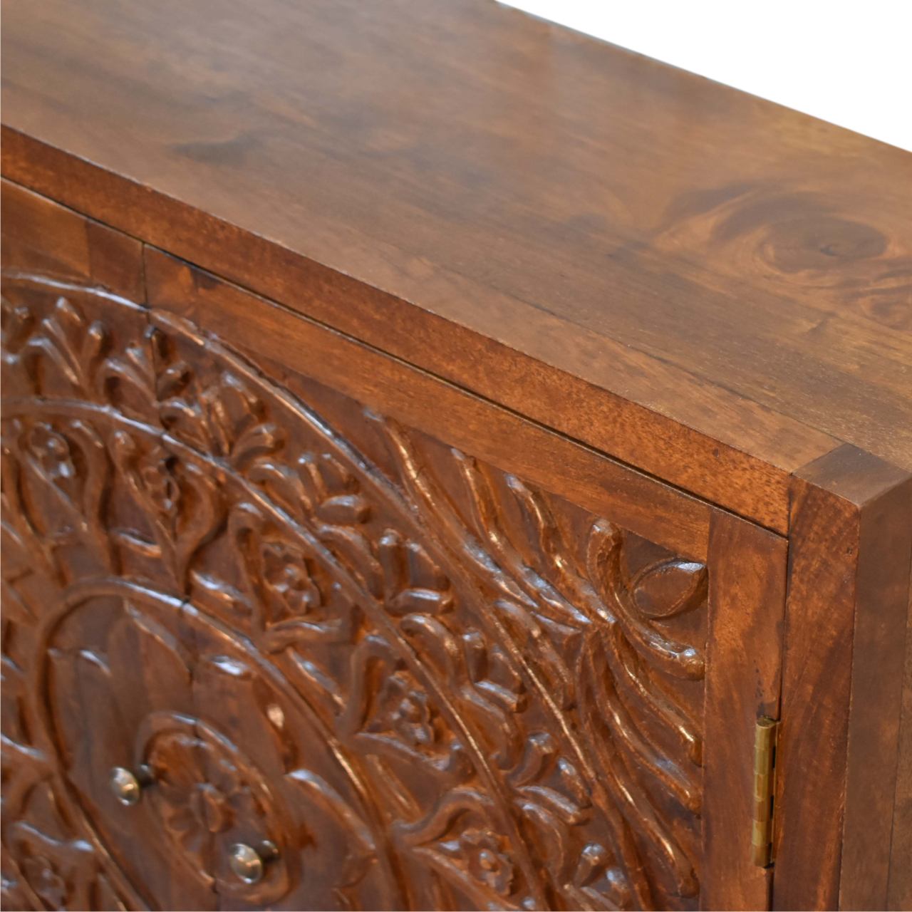 Tova Carved 2 Door Cabinet Chestnut Finish over Solid Mango Wood - CasaFenix