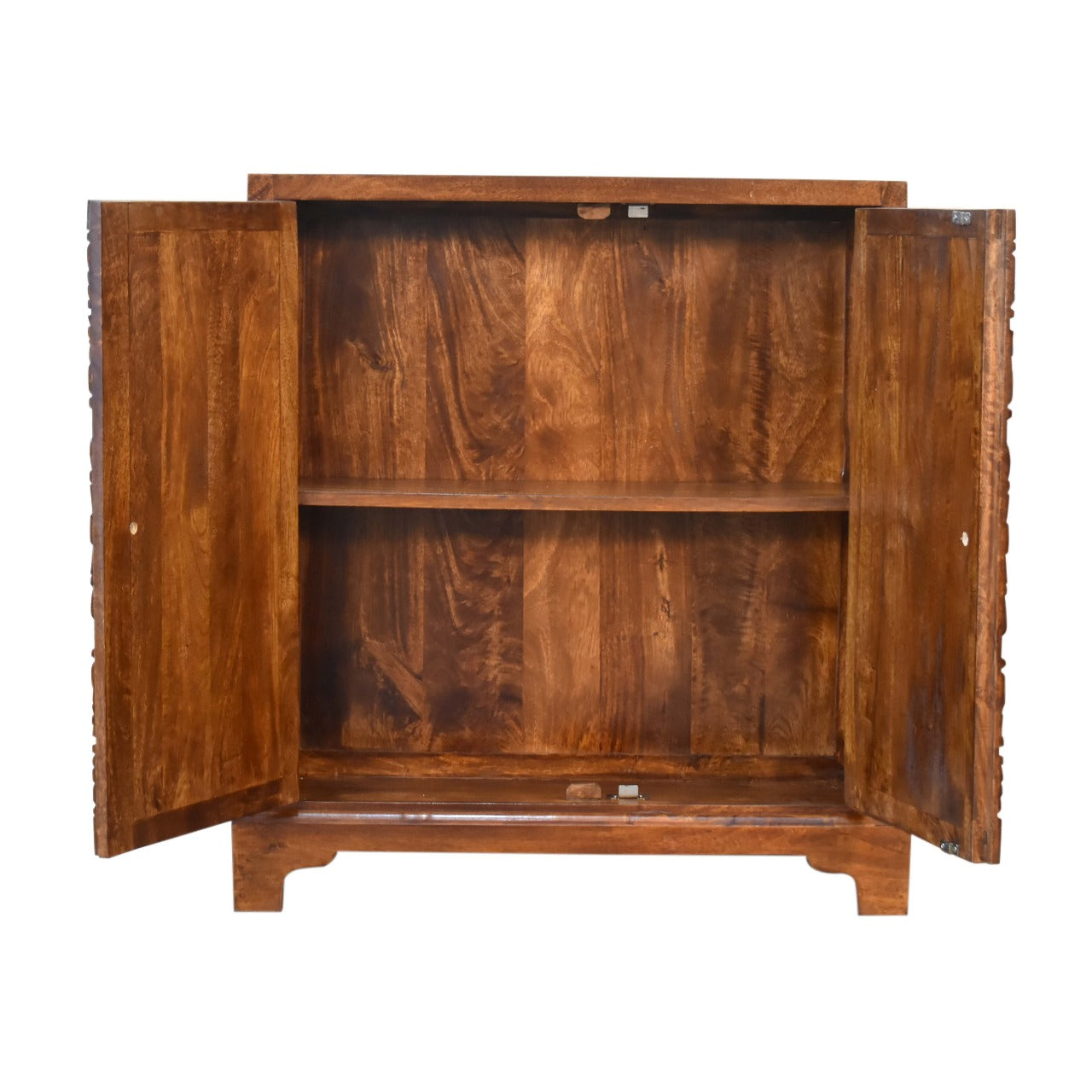 Tova Carved 2 Door Cabinet Chestnut Finish over Solid Mango Wood - CasaFenix