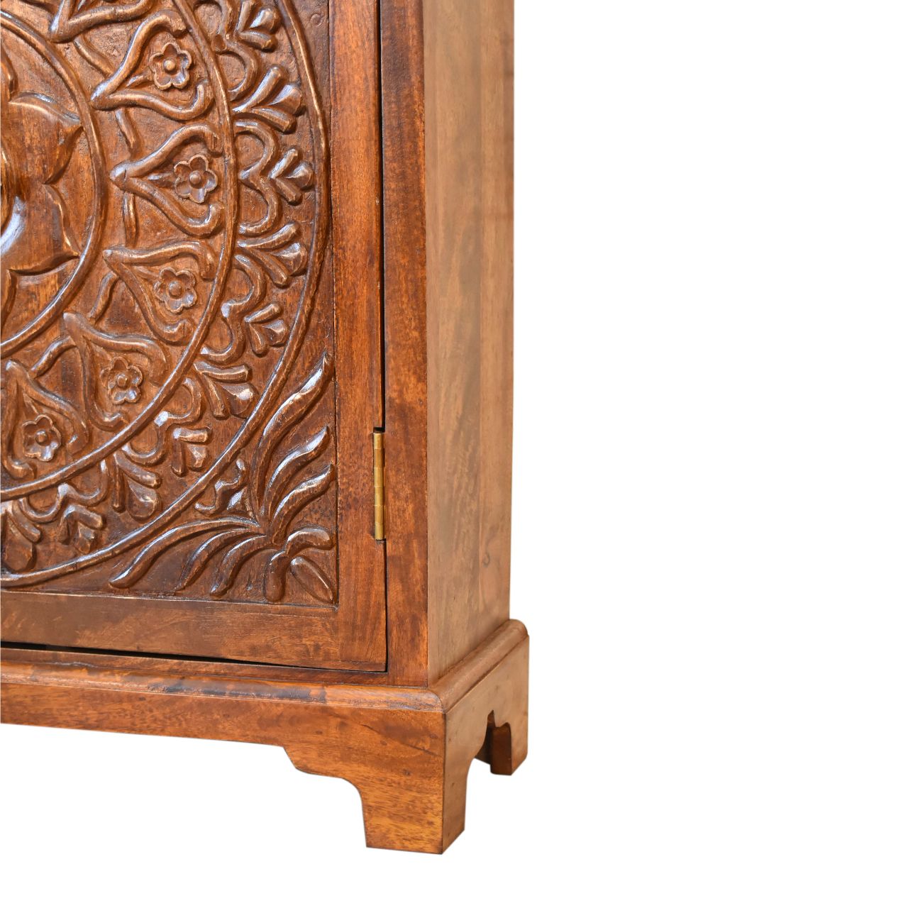 Tova Carved 2 Door Cabinet Chestnut Finish over Solid Mango Wood - CasaFenix