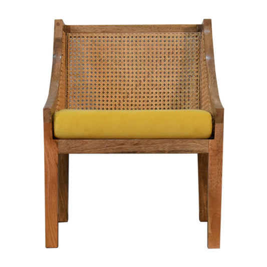 Mustard Yellow Cotton Velvet Rattan & Mango Wood Chair - CasaFenix