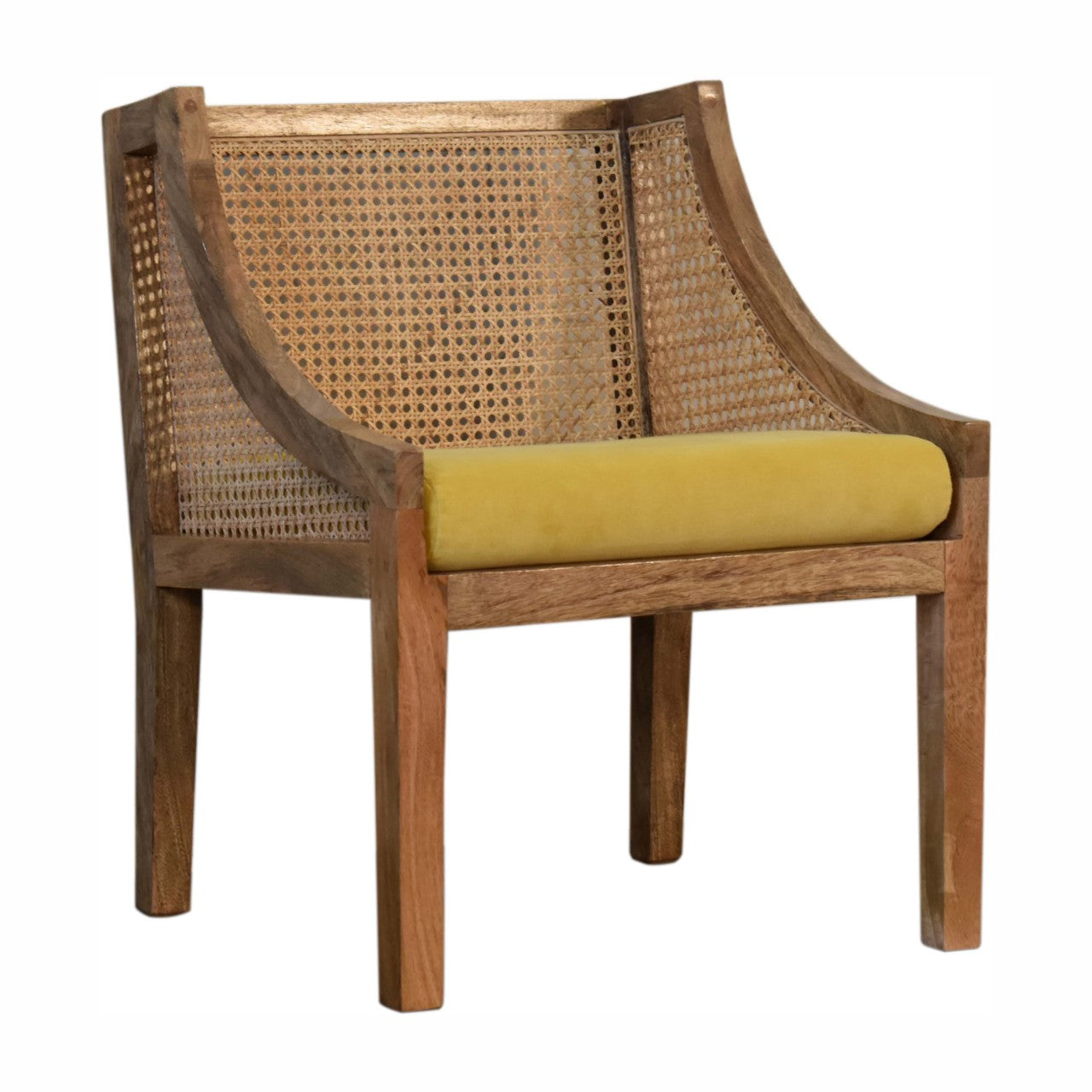 Mustard Yellow Cotton Velvet Rattan & Mango Wood Chair - CasaFenix