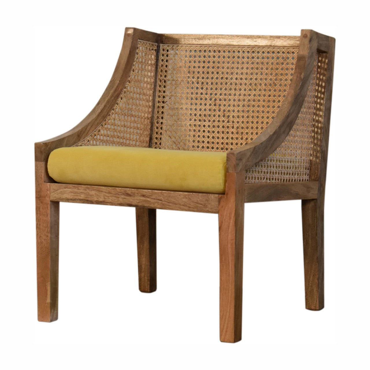 Mustard Yellow Cotton Velvet Rattan & Mango Wood Chair - CasaFenix