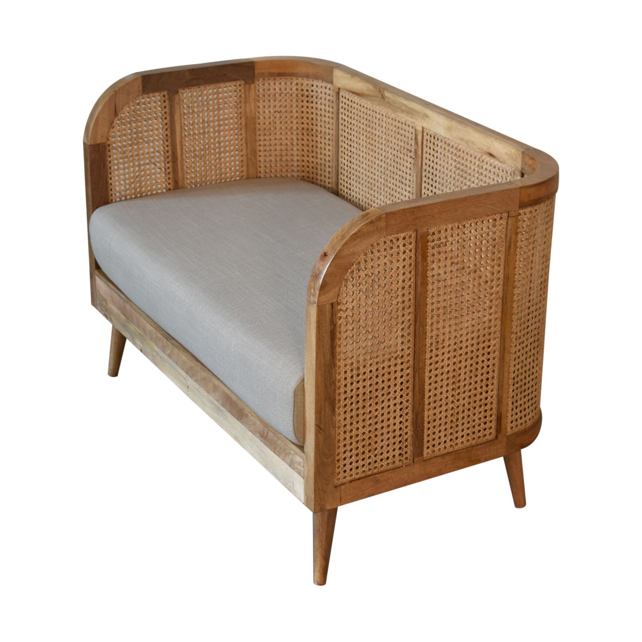 Grey Tweed Rattan 2 Seat Upholstered Conservatory Sofa Mango Wood Frame - CasaFenix