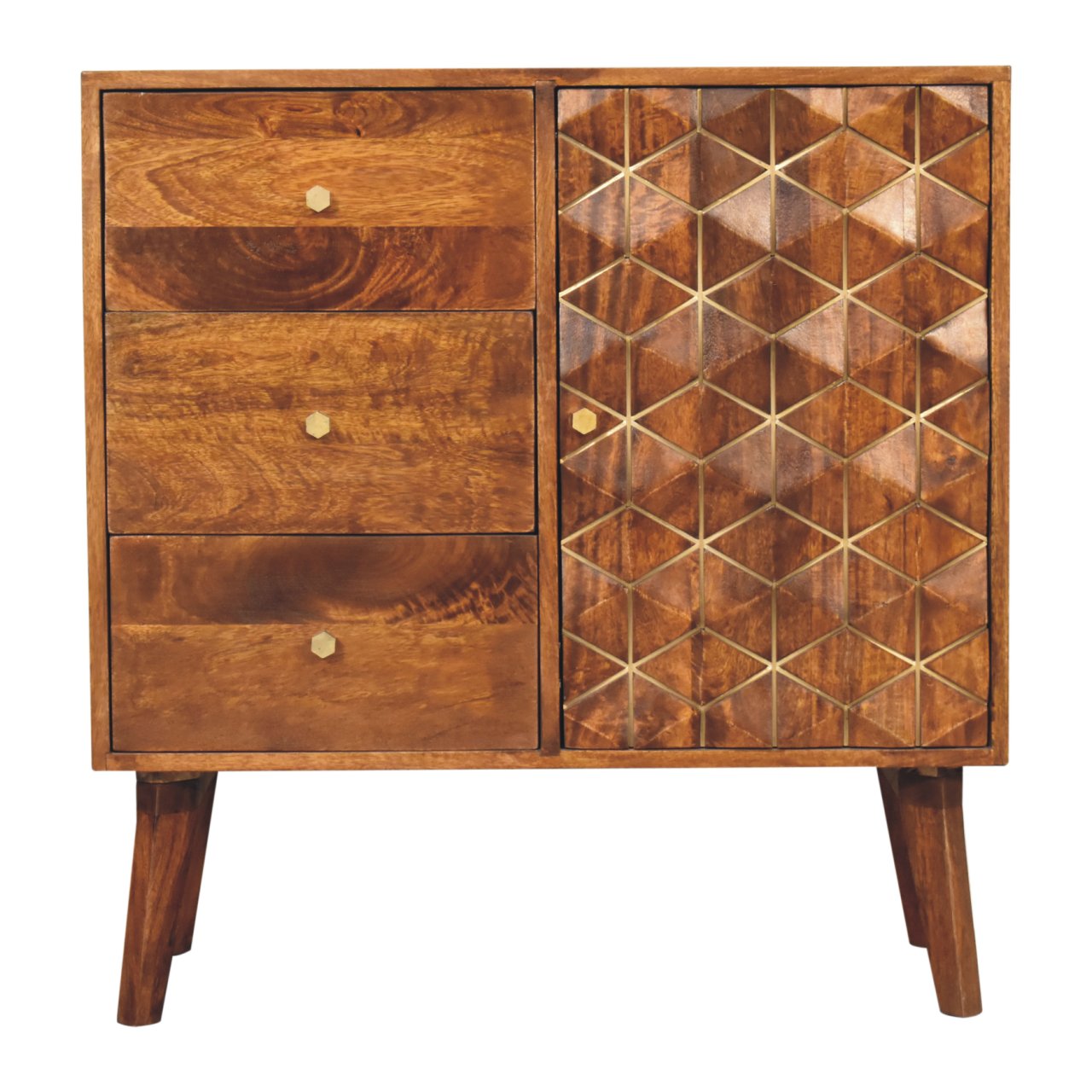 Chestnut Cubed Brass Inlay Cabinet 3 Drawer 1 Door Cube Design - CasaFenix