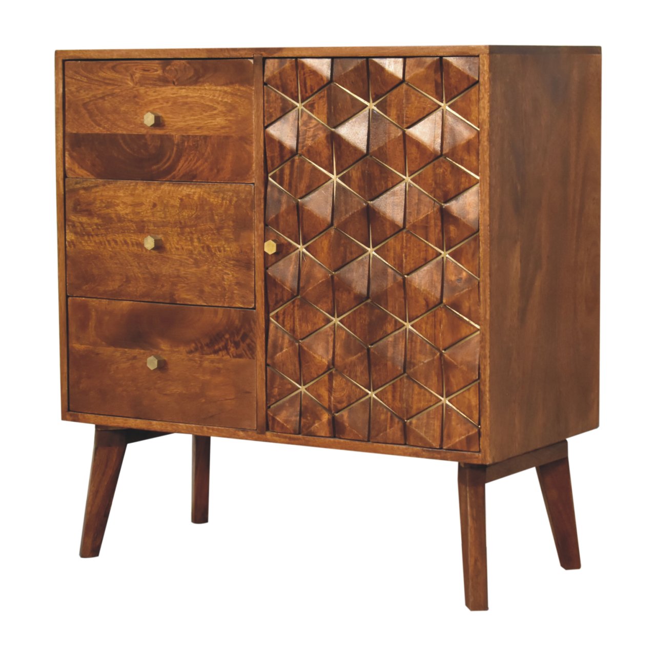 Chestnut Cubed Brass Inlay Cabinet 3 Drawer 1 Door Cube Design - CasaFenix