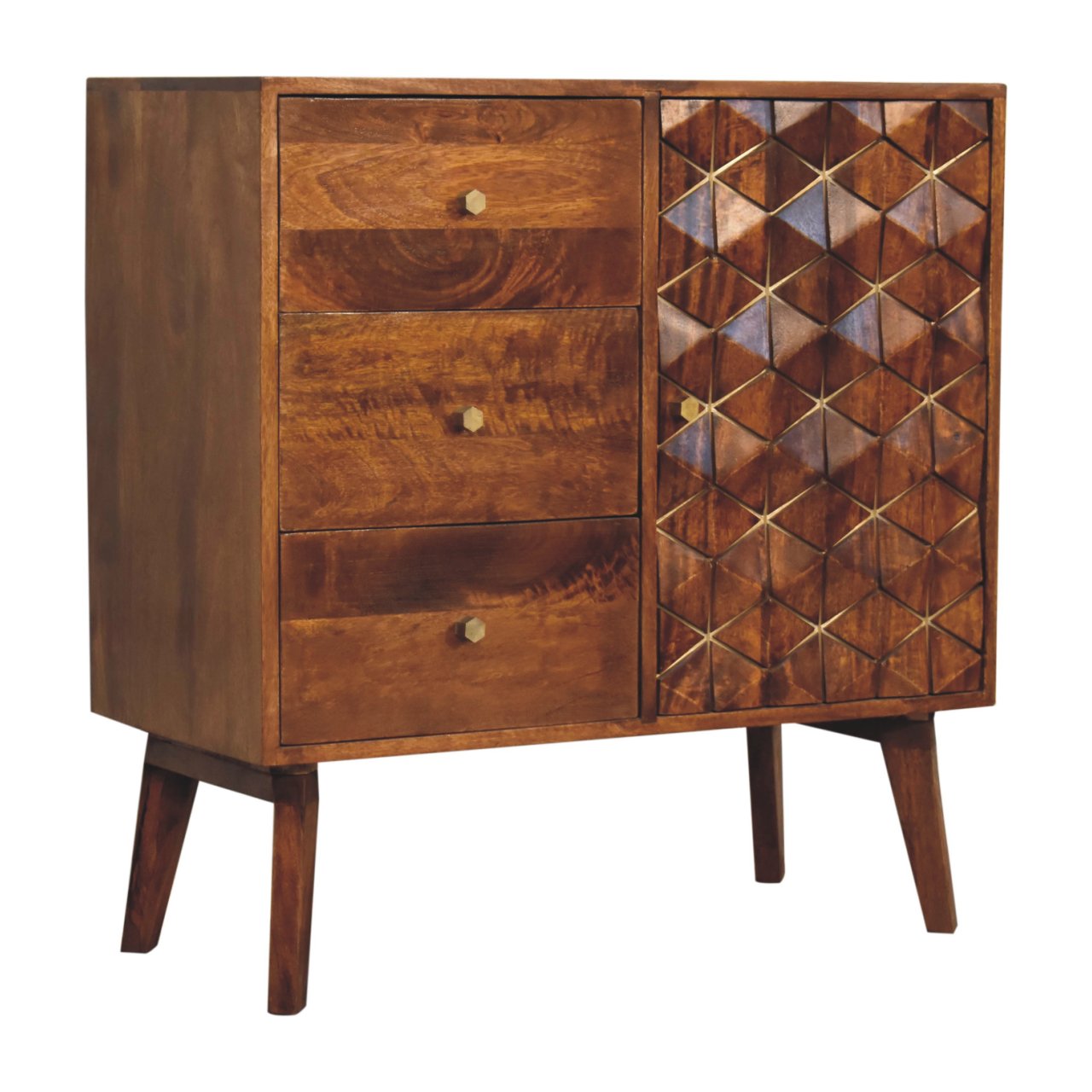 Chestnut Cubed Brass Inlay Cabinet 3 Drawer 1 Door Cube Design - CasaFenix