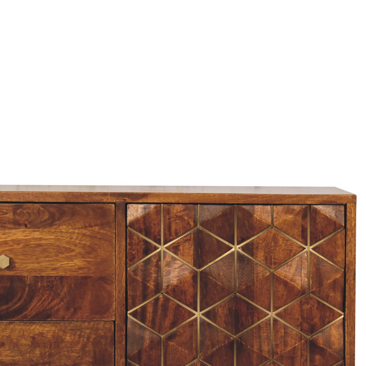 Chestnut Cubed Brass Inlay Cabinet 3 Drawer 1 Door Cube Design - CasaFenix