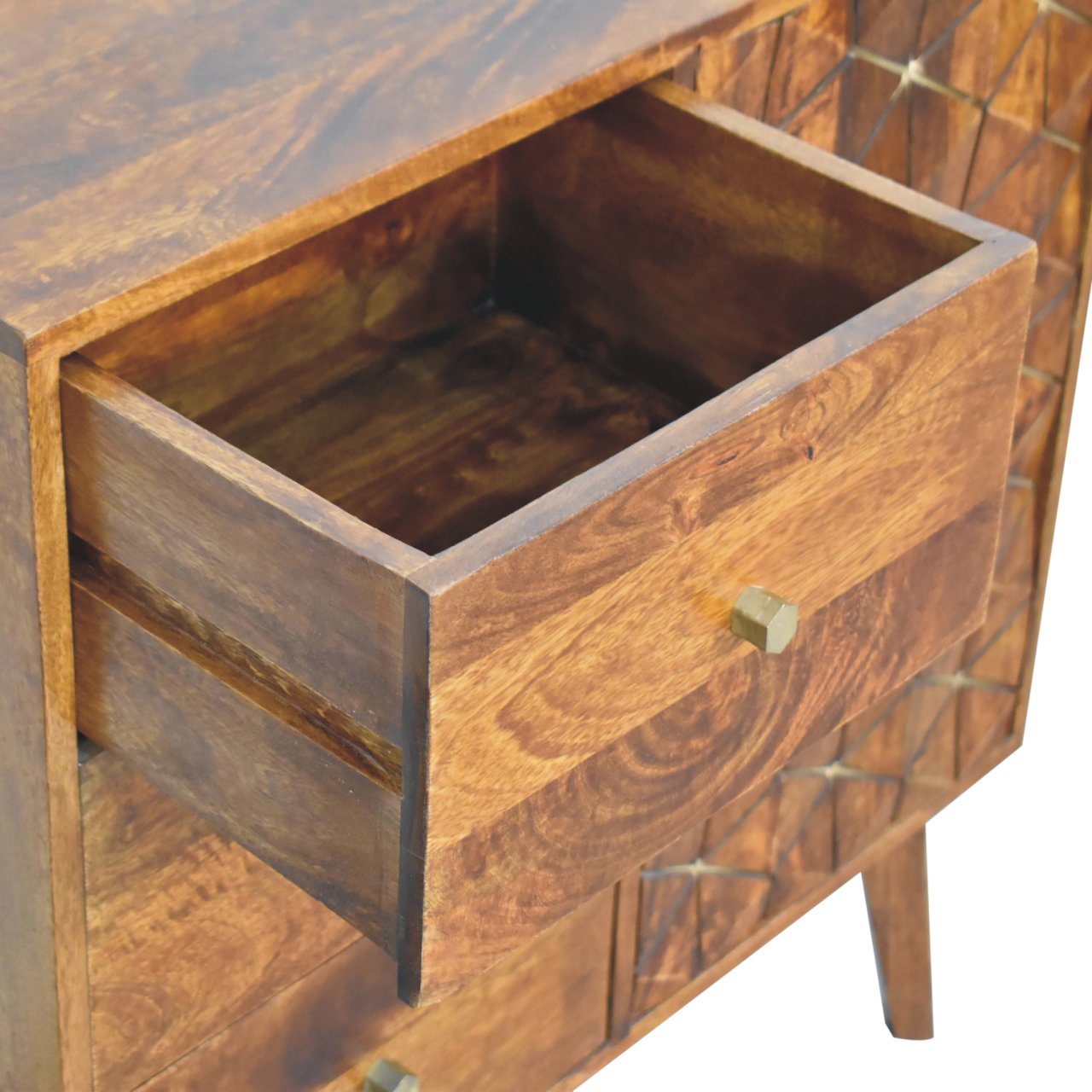 Chestnut Cubed Brass Inlay Cabinet 3 Drawer 1 Door Cube Design - CasaFenix