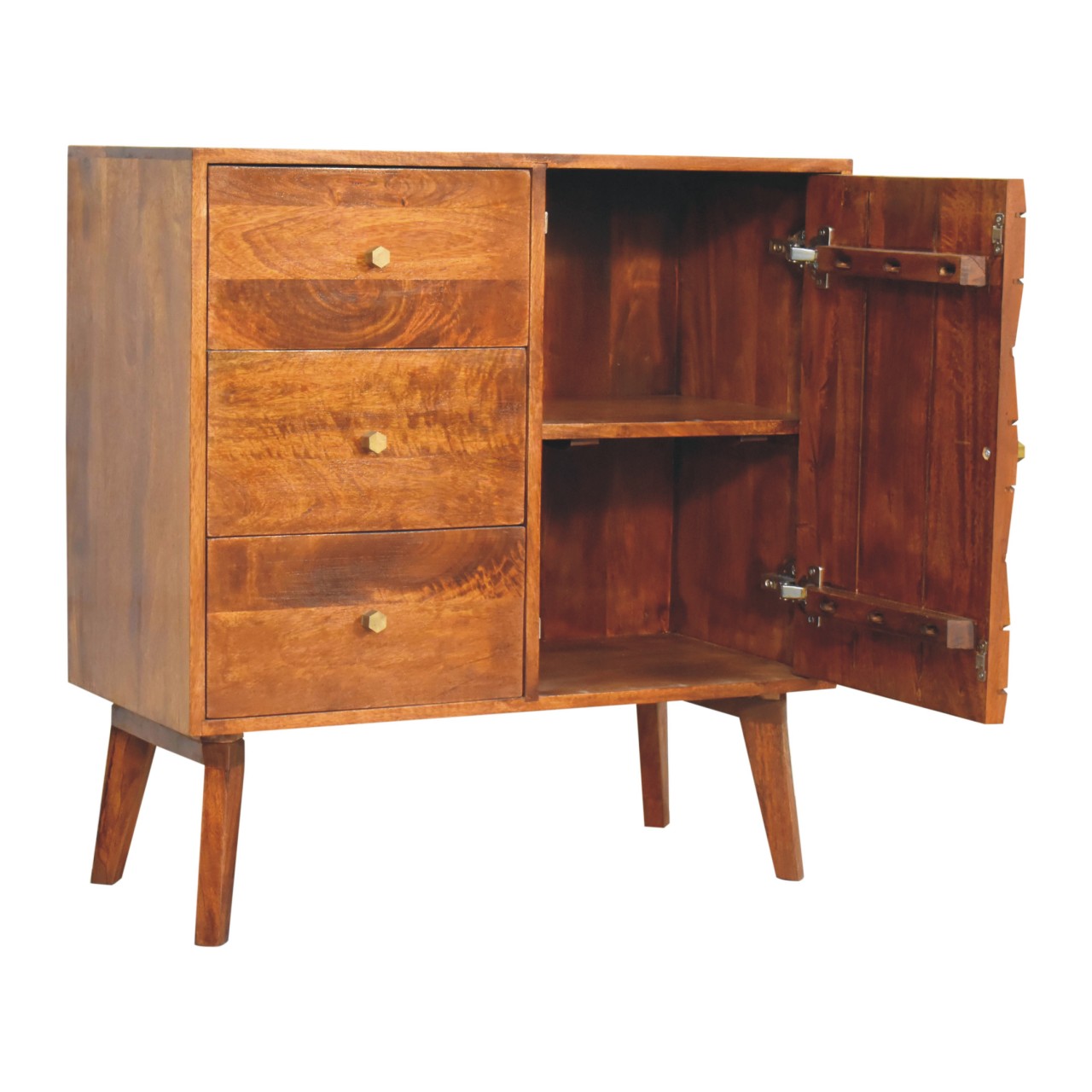 Chestnut Cubed Brass Inlay Cabinet 3 Drawer 1 Door Cube Design - CasaFenix