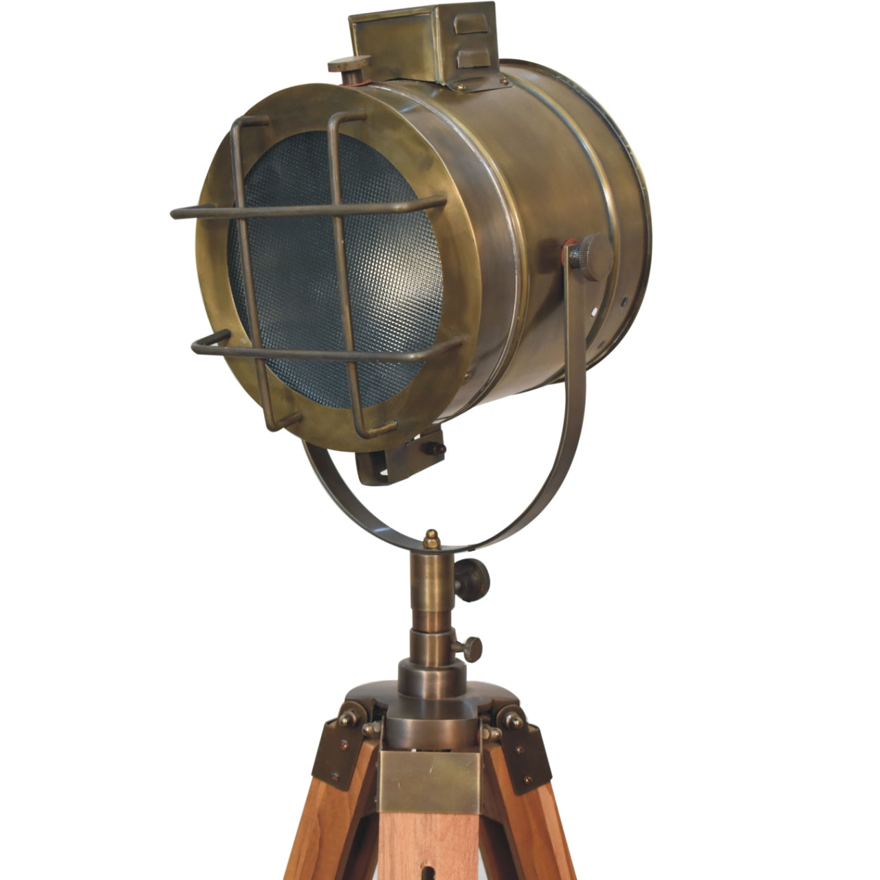 Caged Brass Antique Tripod Fold Spotlight Floor Lamp - CasaFenix