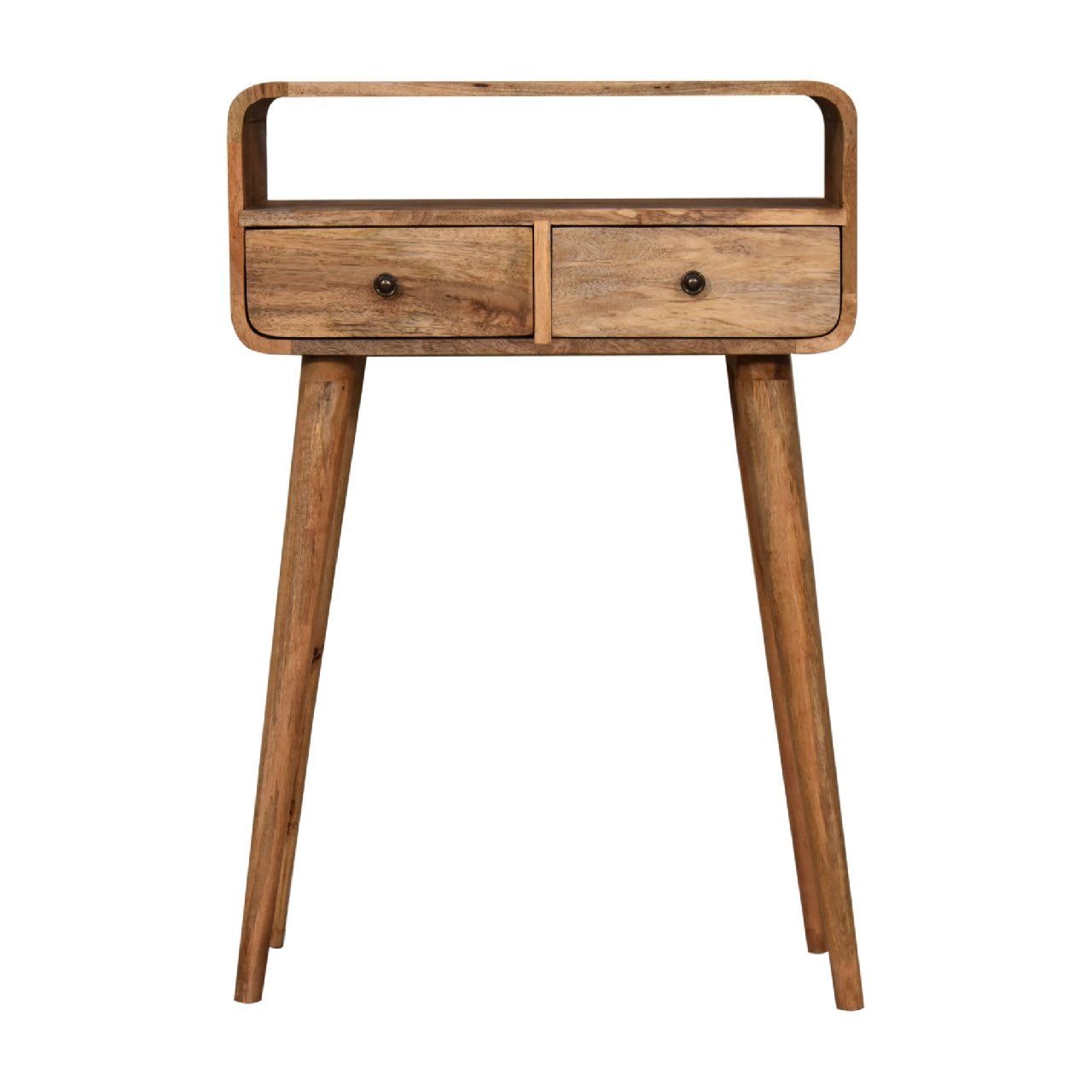 Mini Curved Oak-ish Finished Mango Wood 2 Drawer Console Table - CasaFenix