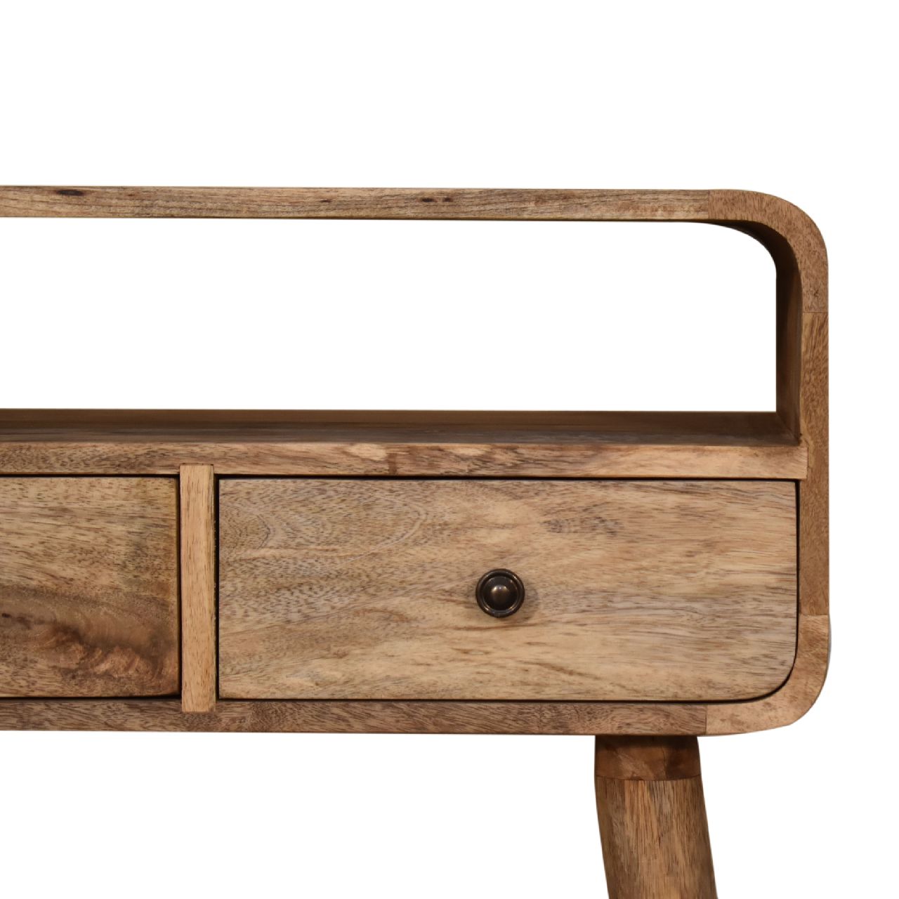 Mini Curved Oak-ish Finished Mango Wood 2 Drawer Console Table - CasaFenix