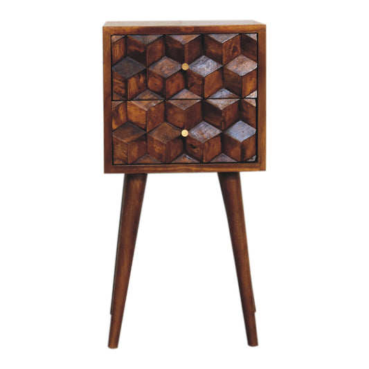 Mini Chestnut Cube Carved 2 Drawer Bedside Chest - CasaFenix