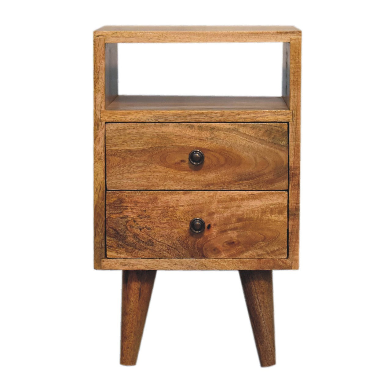 Mini Classic Oak-ish 2 Drawer Bedside Table with Open Slot - CasaFenix