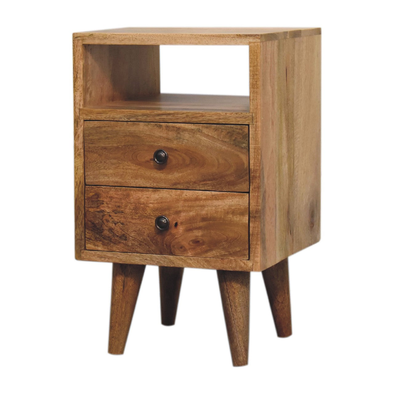 Mini Classic Oak-ish 2 Drawer Bedside Table with Open Slot - CasaFenix