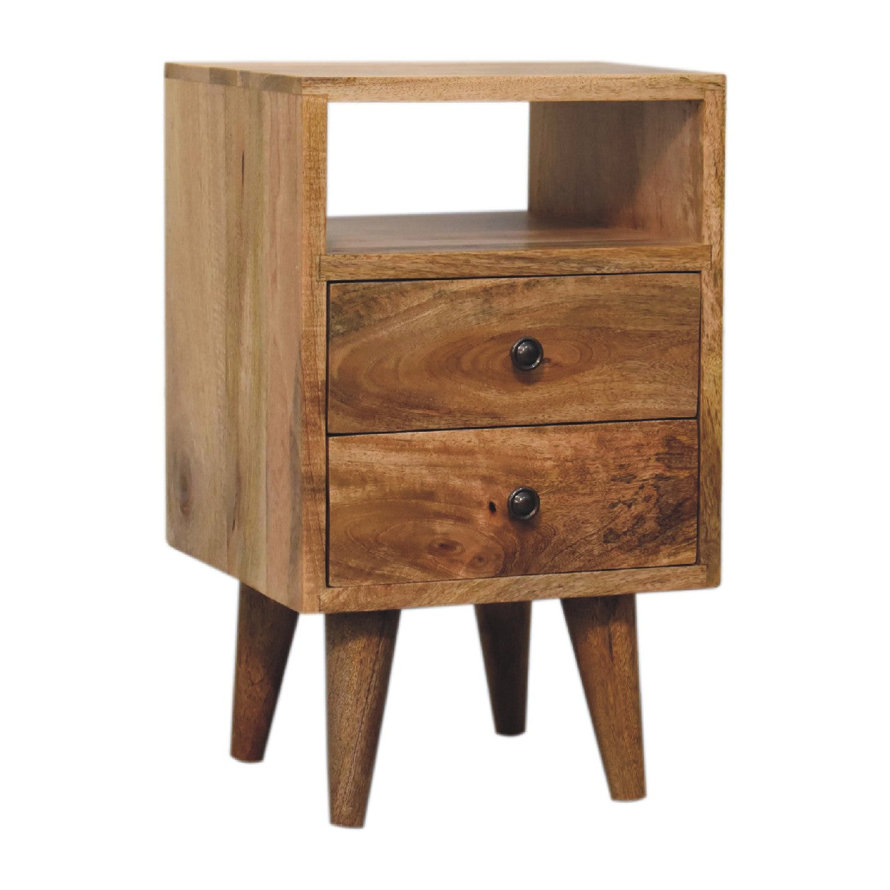 Mini Classic Oak-ish 2 Drawer Bedside Table with Open Slot - CasaFenix