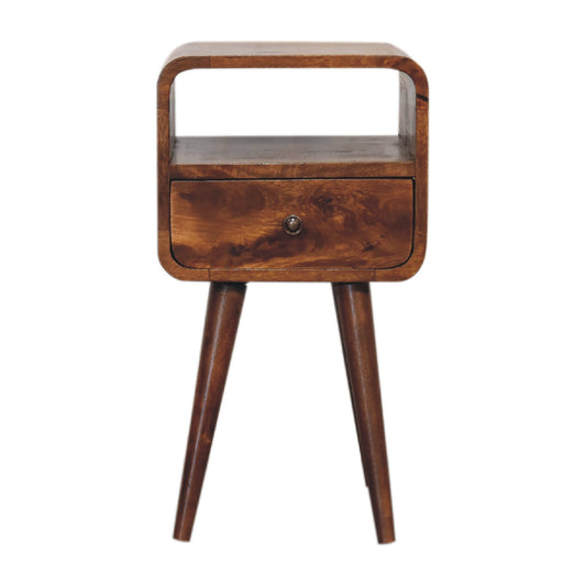 Mini Chestnut Curved 1 Drawer Bedside with Open Slot - CasaFenix