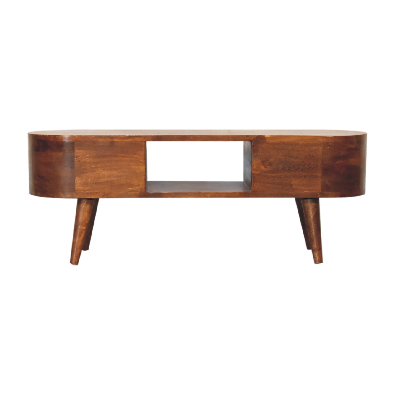 Chestnut Rounded Coffee Table with Open Slot & 2 Drawers - CasaFenix