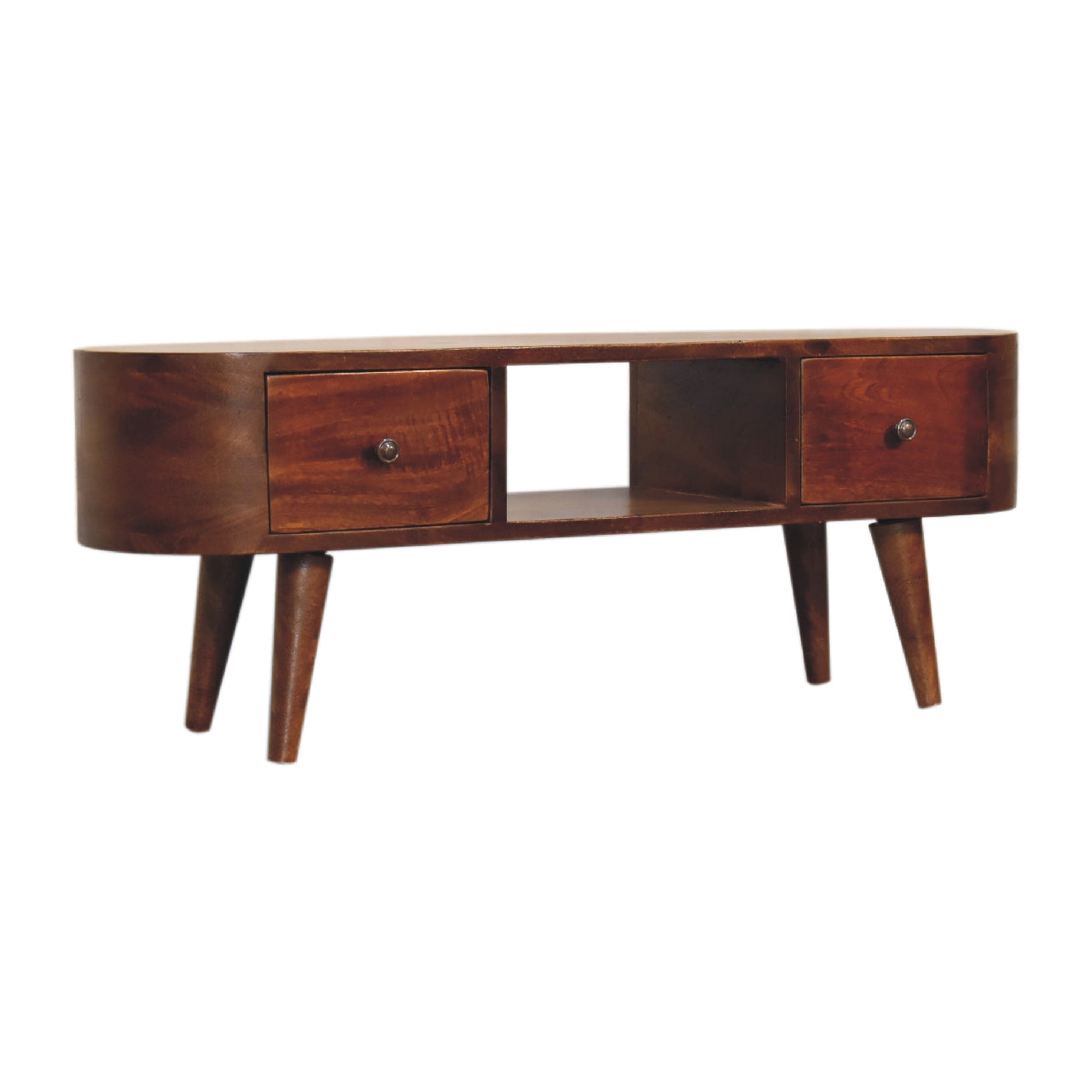 Chestnut Rounded Coffee Table with Open Slot & 2 Drawers - CasaFenix