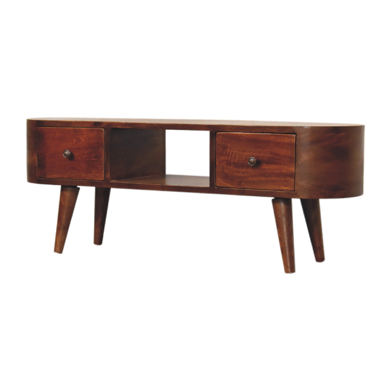 Chestnut Rounded Coffee Table with Open Slot & 2 Drawers - CasaFenix