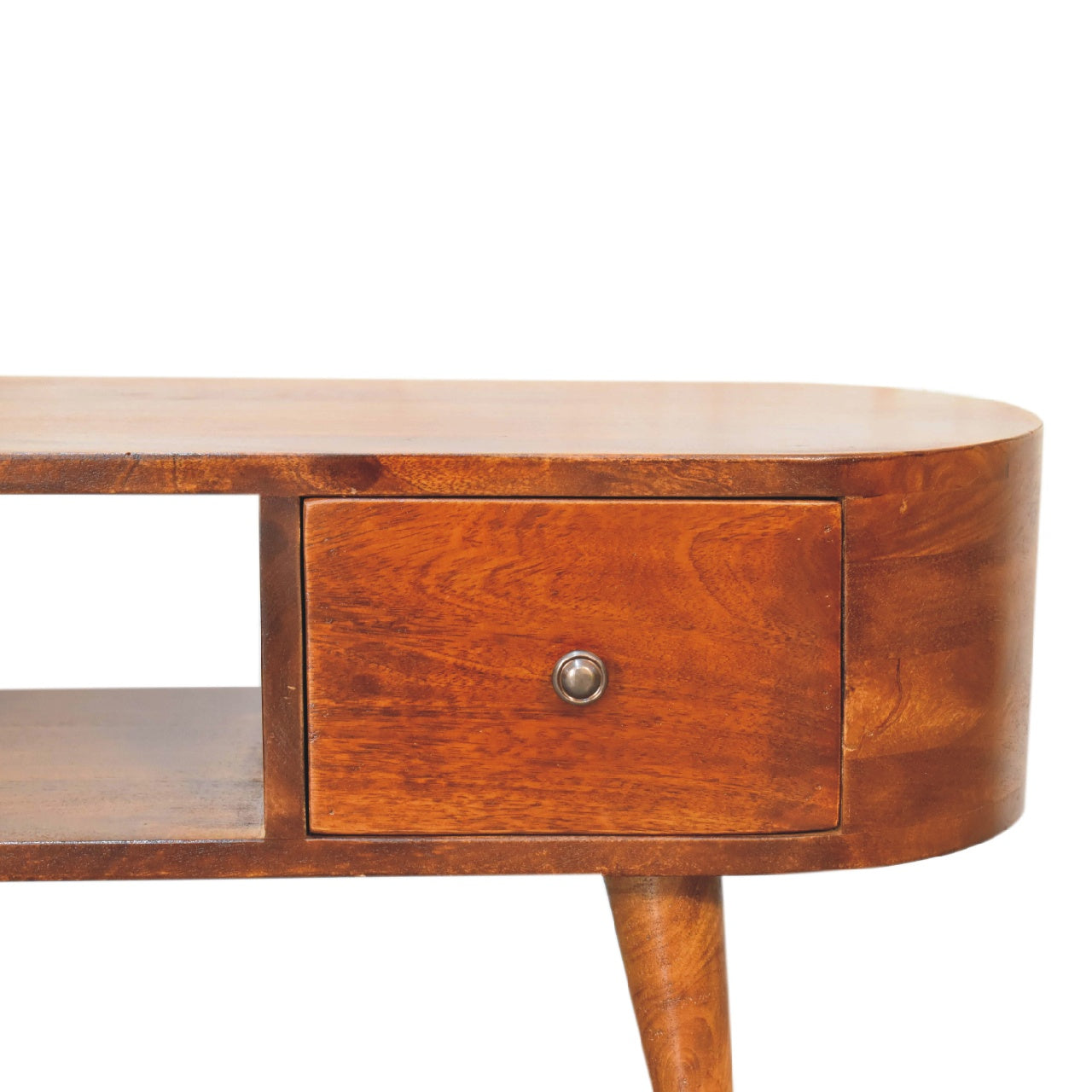 Chestnut Rounded Coffee Table with Open Slot & 2 Drawers - CasaFenix