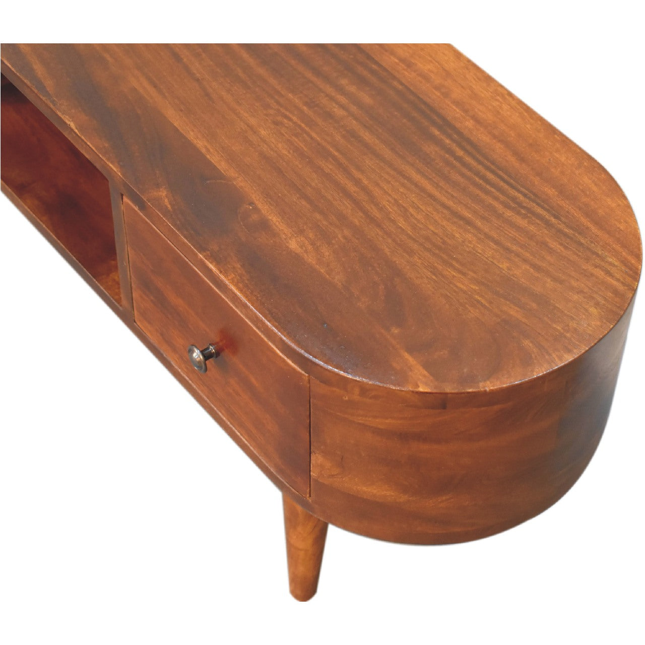 Chestnut Rounded Coffee Table with Open Slot & 2 Drawers - CasaFenix