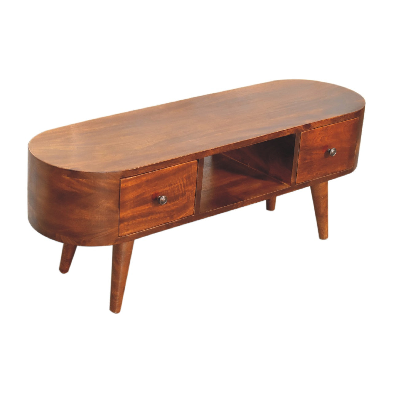 Chestnut Rounded Coffee Table with Open Slot & 2 Drawers - CasaFenix