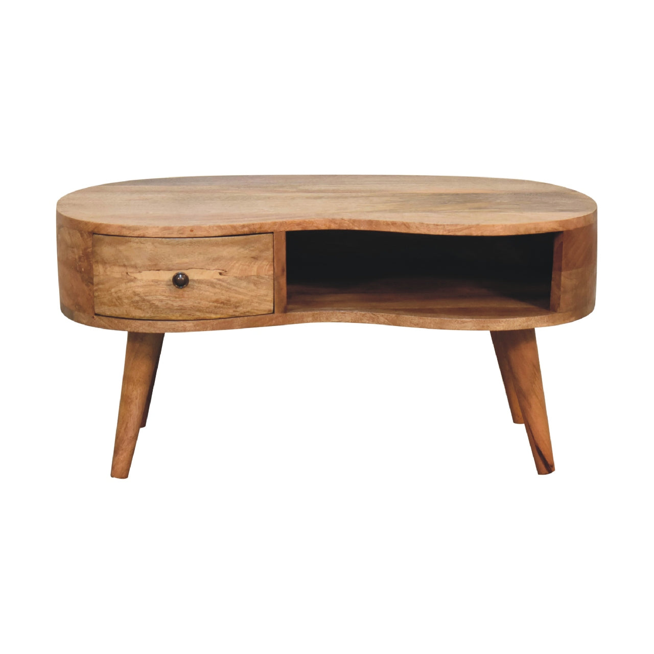 Oak-ish Wave Coffee Table Kidney Shaped 1 Drawer Oak-Ish Finish - CasaFenix