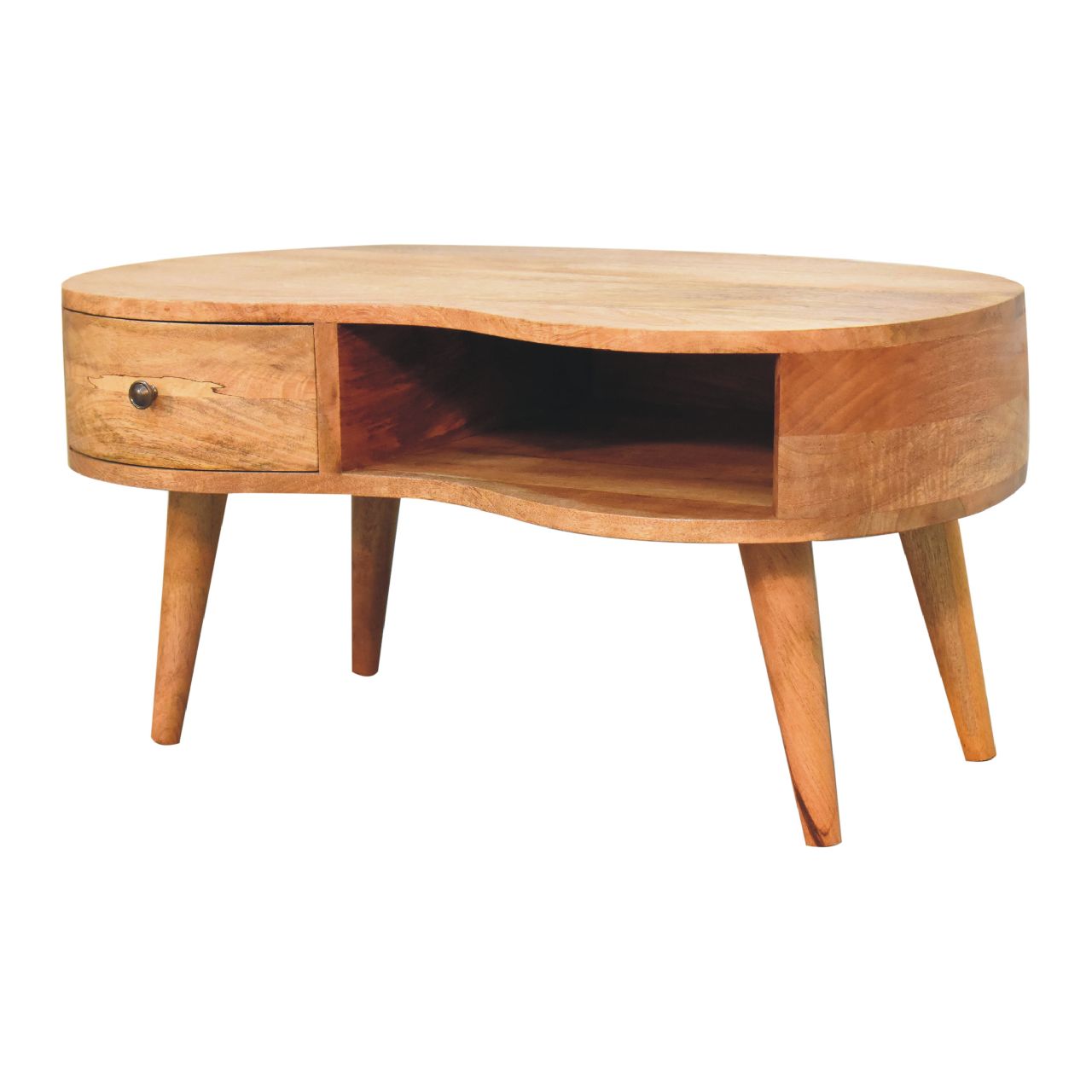 Oak-ish Wave Coffee Table Kidney Shaped 1 Drawer Oak-Ish Finish - CasaFenix