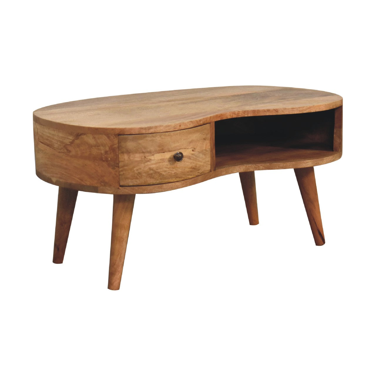 Oak-ish Wave Coffee Table Kidney Shaped 1 Drawer Oak-Ish Finish - CasaFenix