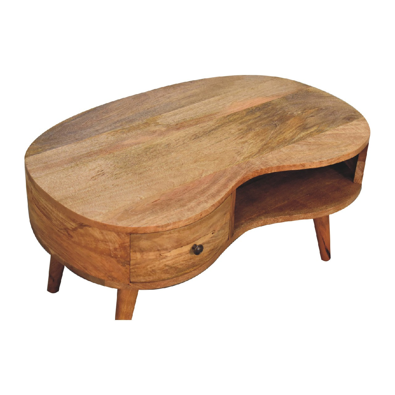 Oak-ish Wave Coffee Table Kidney Shaped 1 Drawer Oak-Ish Finish - CasaFenix