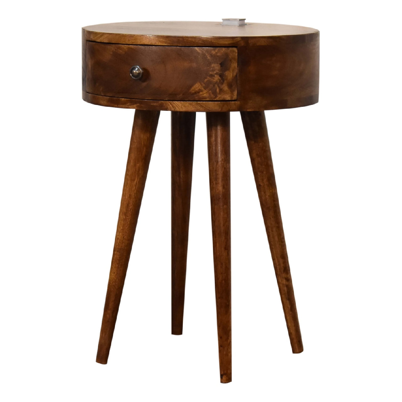 Single Drawer Chestnut Rounded Bedside Table with Reading Light - CasaFenix