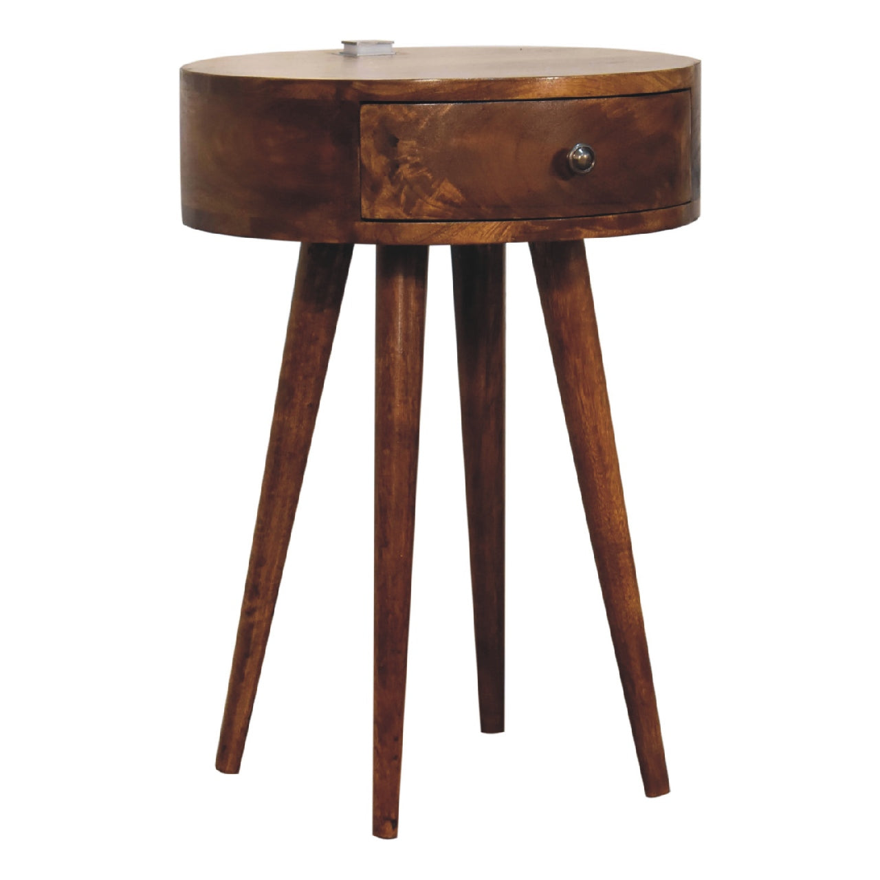 Single Drawer Chestnut Rounded Bedside Table with Reading Light - CasaFenix