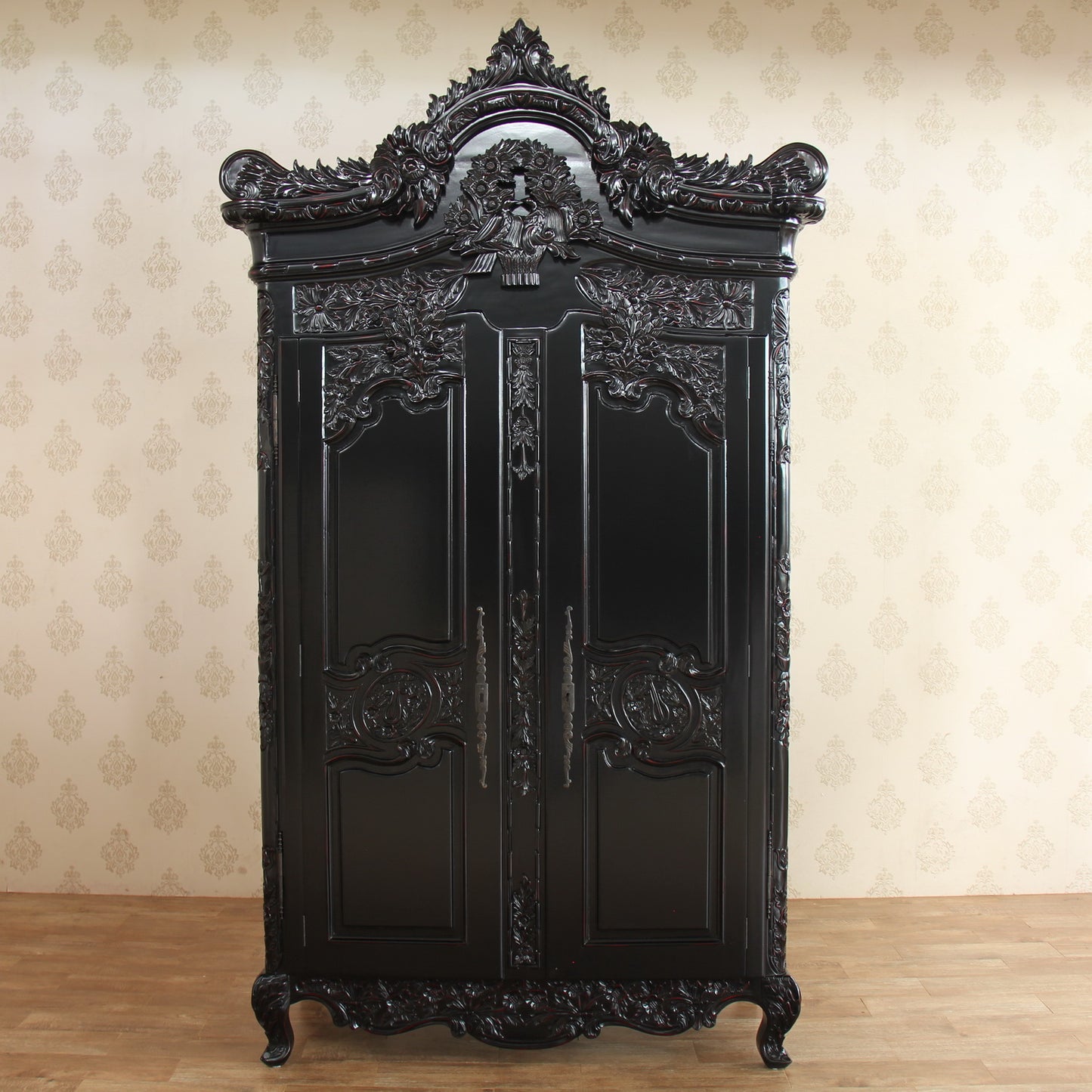 Heavily Carved Arch Top Sleigh French 2 Door Armoire Double Wardrobe Solid Mahogany - CasaFenix