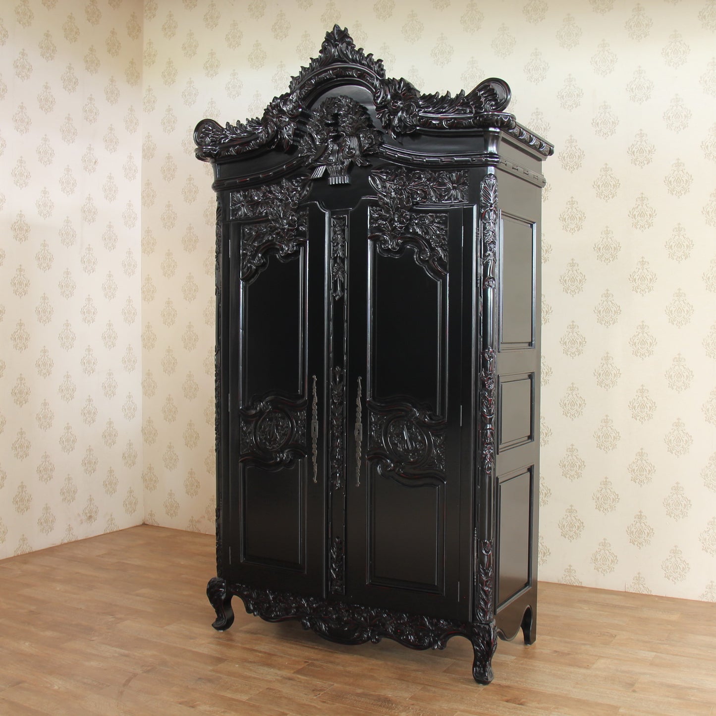 Heavily Carved Arch Top Sleigh French 2 Door Armoire Double Wardrobe Solid Mahogany - CasaFenix