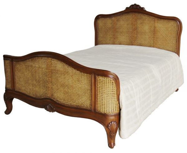 Elegant French Style Solid Mahogany & Rattan Bed - CasaFenix