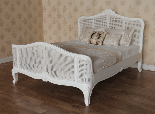 Elegant French Style Solid Mahogany & Rattan Bed - CasaFenix