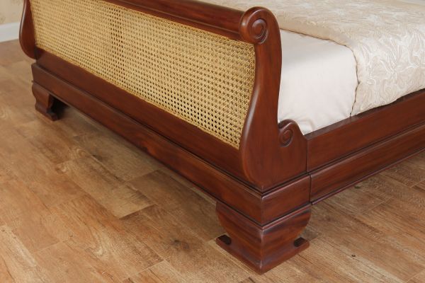 French Style Solid Mahogany & Rattan Sleigh Bed - CasaFenix