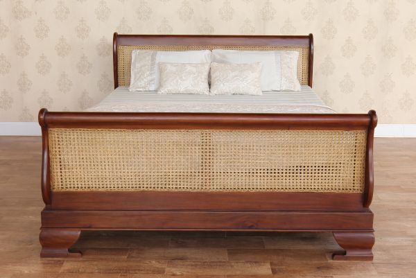 French Style Solid Mahogany & Rattan Sleigh Bed - CasaFenix