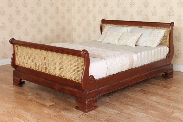 French Style Solid Mahogany & Rattan Sleigh Bed - CasaFenix