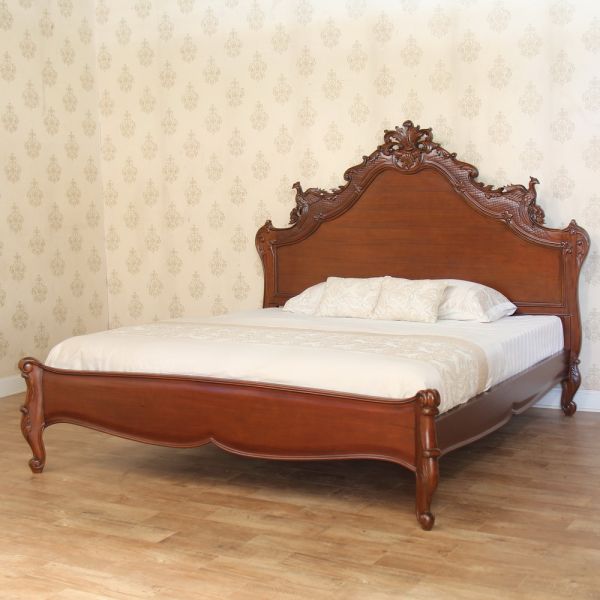 French Style Mahogany Carved Bird Design Beautiful Bed - CasaFenix