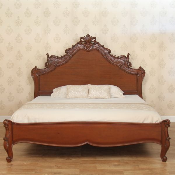 French Style Mahogany Carved Bird Design Beautiful Bed - CasaFenix