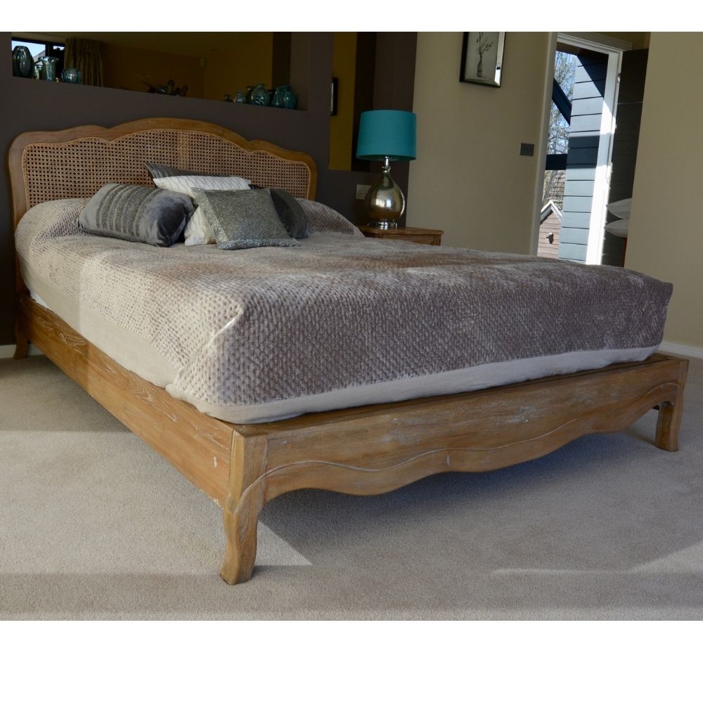 Sophia French Weathered Teak Rattan Bed Frame Carved Bed With Low Foot Board Weathered Finish - CasaFenix