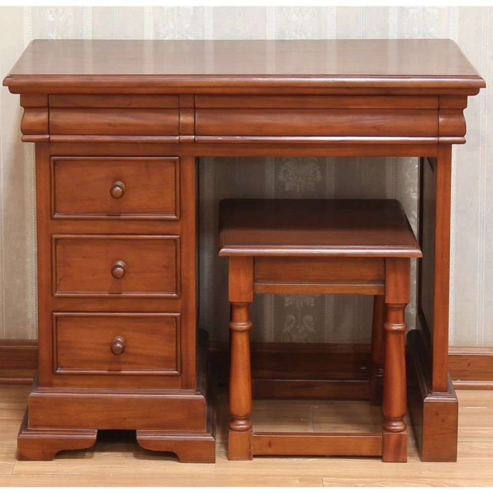 French Sleigh Style Solid Mahogany 5 Drawer Single Pedestal Dressing Table or Desk - CasaFenix