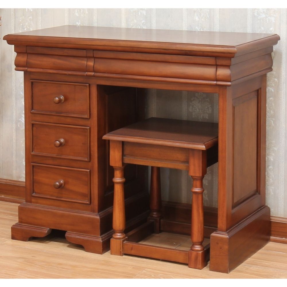 French Sleigh Style Solid Mahogany 5 Drawer Single Pedestal Dressing Table or Desk - CasaFenix