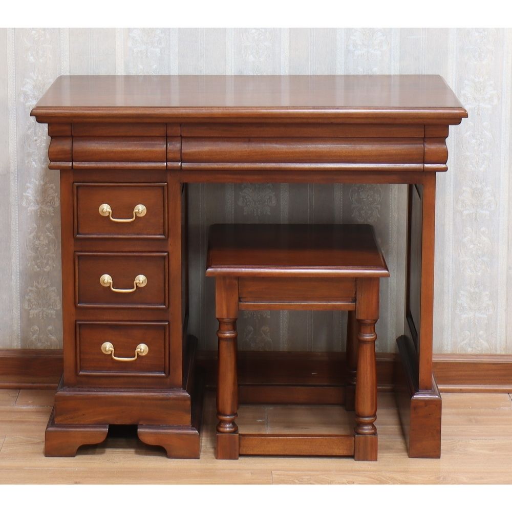 French Sleigh Style Solid Mahogany 5 Drawer Single Pedestal Dressing Table or Desk - CasaFenix