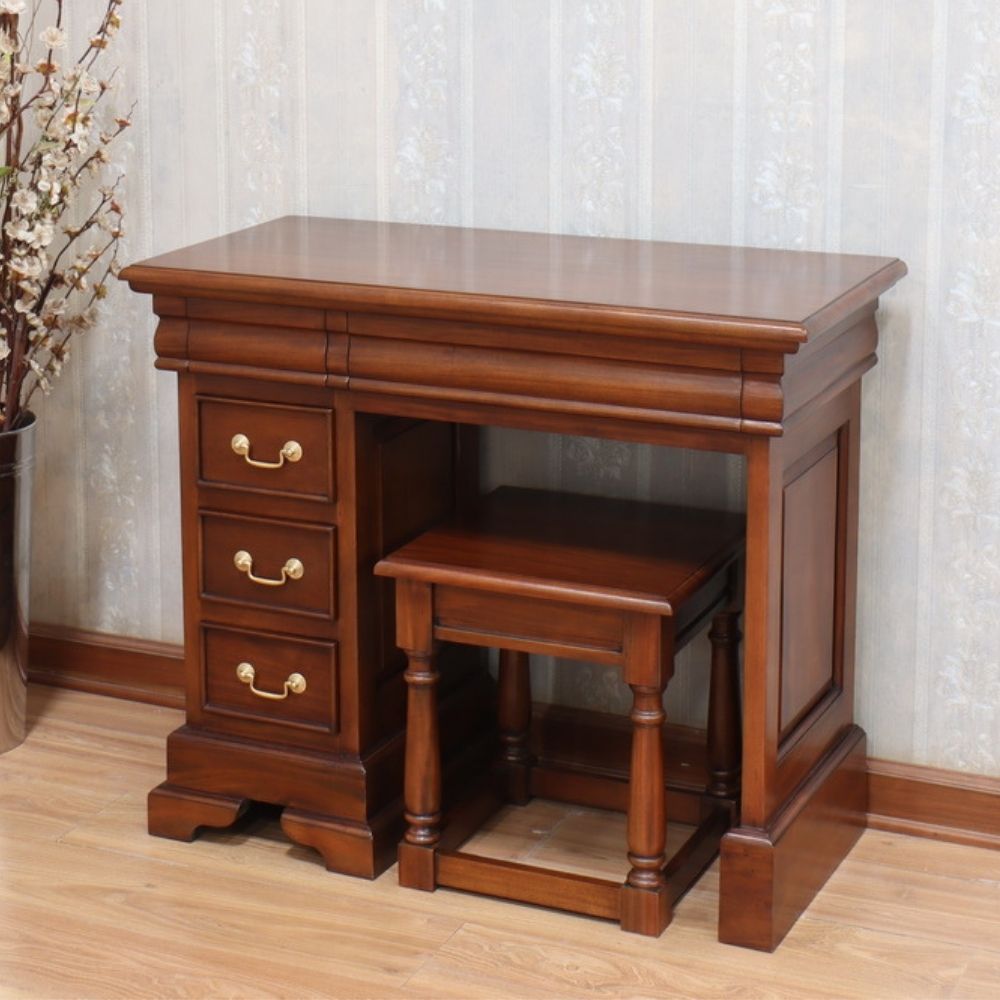 French Sleigh Style Solid Mahogany 5 Drawer Single Pedestal Dressing Table or Desk - CasaFenix