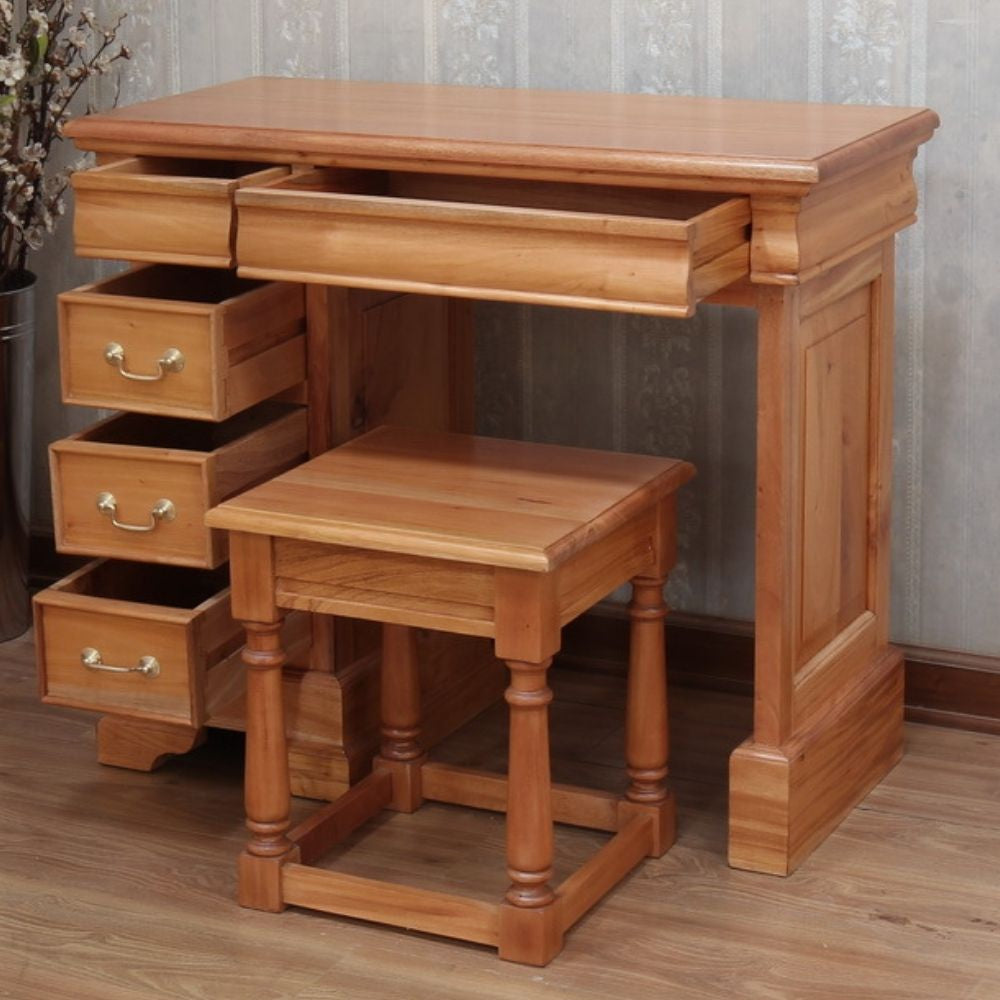 French Sleigh Style Solid Mahogany 5 Drawer Single Pedestal Dressing Table or Desk - CasaFenix