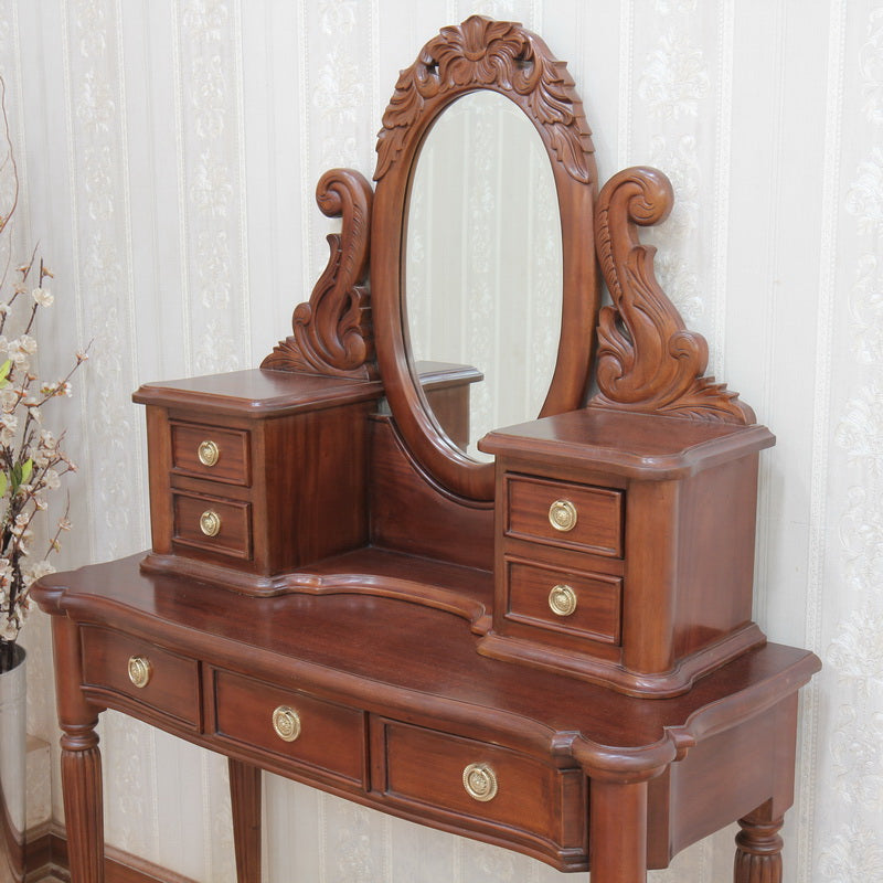 Ornately Carved Victorian Style Solid Mahogany 7 Drawer Dressing Table + Mirror - CasaFenix